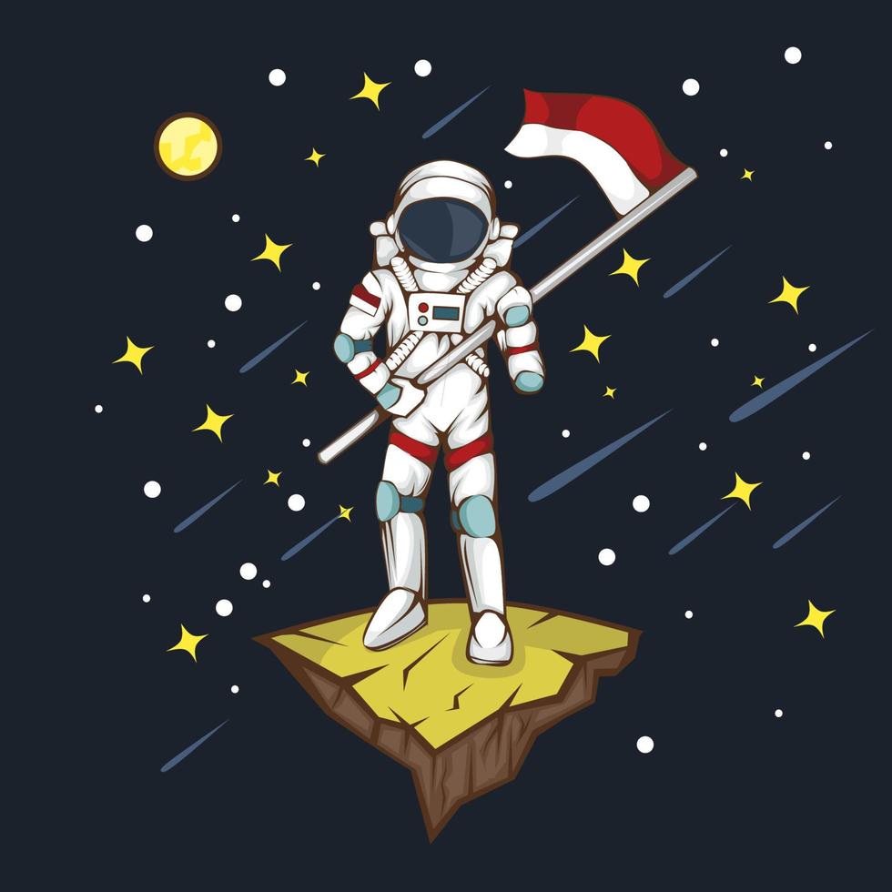 astronaute tenant le drapeau indonésien rouge et blanc vecteur