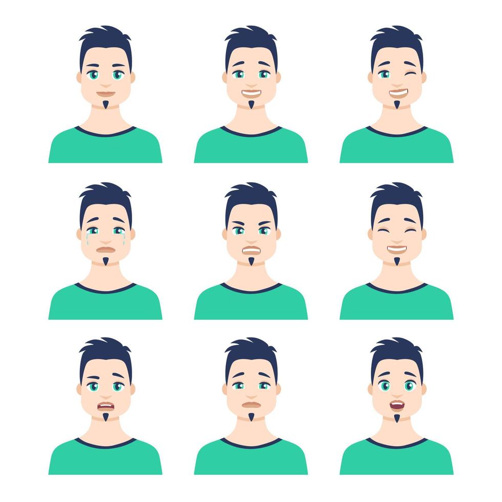 ensemble de jeune icône masculine avec des émotions en style cartoon. profil d'avatar homme avec expression faciale. portraits de personnages aux couleurs vives. illustration vectorielle isolée au design plat vecteur