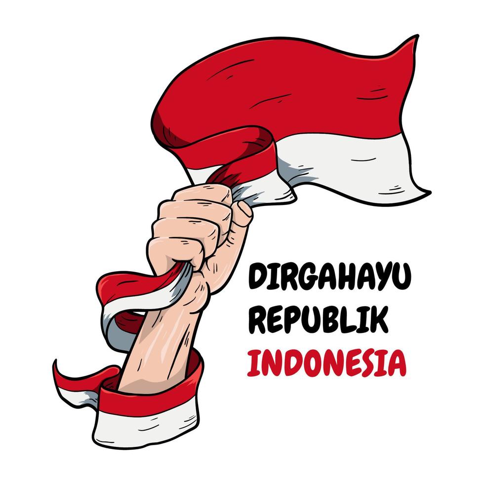 fête de l'indépendance indonésienne, illustration d'une main tenant un drapeau. longévité république d'indonésie vecteur