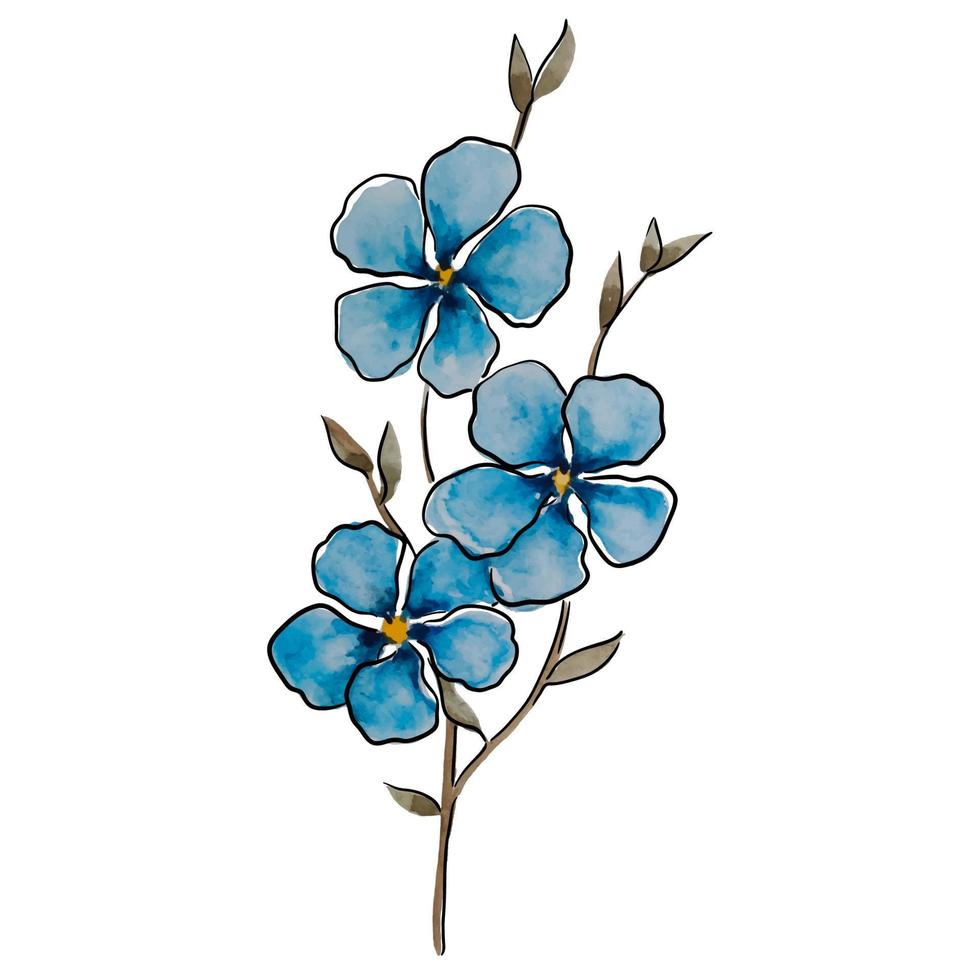 fleur bleue vectorielle dessinée à l'aquarelle et au trait. vecteur