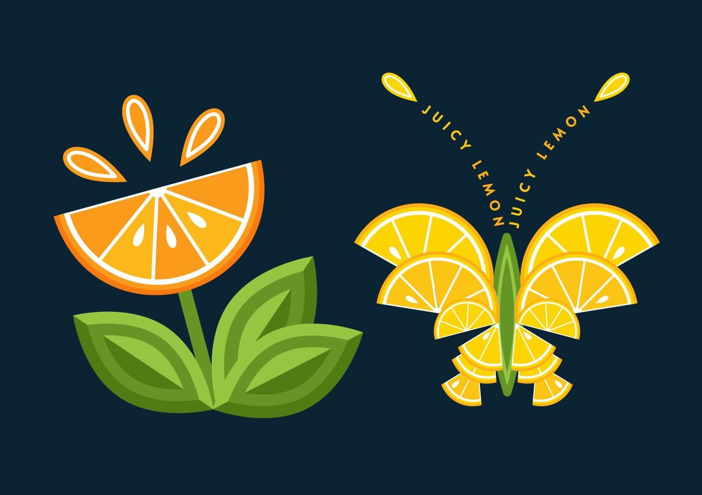 ensemble de logos, emblèmes, badges avec orange, citron, feuilles vertes, tranches de fruits en forme de papillon, fleur. bon pour la décoration des emballages alimentaires, des épiceries, des magasins agricoles, de la publicité. appartement vecteur