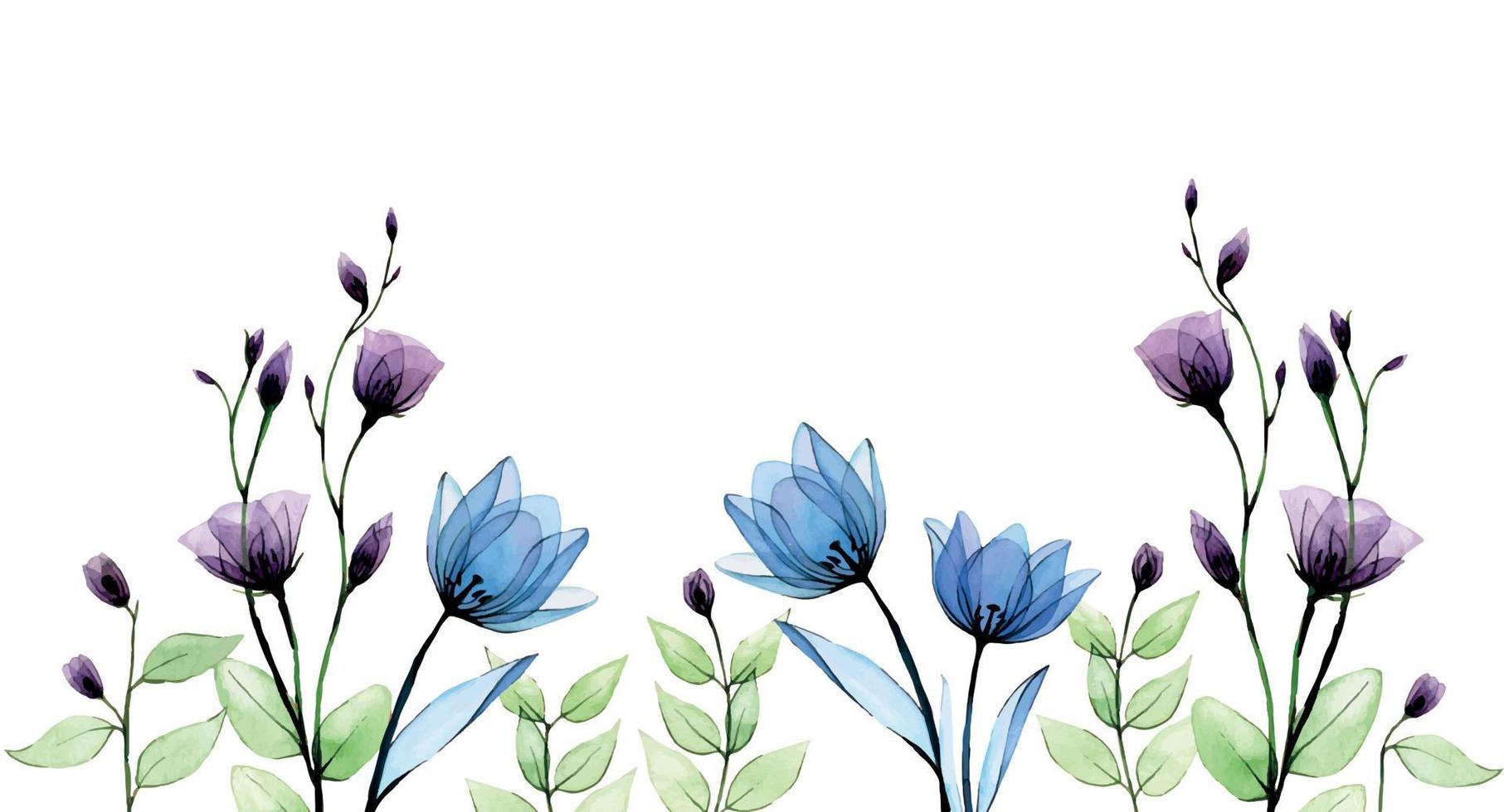 bannière aquarelle, bordure avec fleurs transparentes. dessin à la main vintage avec des fleurs sauvages bleues et violettes et des herbes vertes et des branches sur fond blanc. aquarelle délicate vecteur