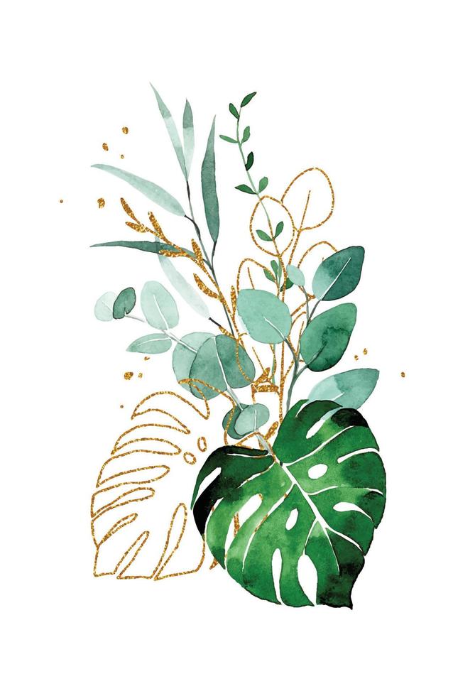 dessin à l'aquarelle, composition de bouquet de feuilles tropicales de monstera et de palmiers. feuilles vertes et dorées de la forêt tropicale isolées sur fond blanc vecteur