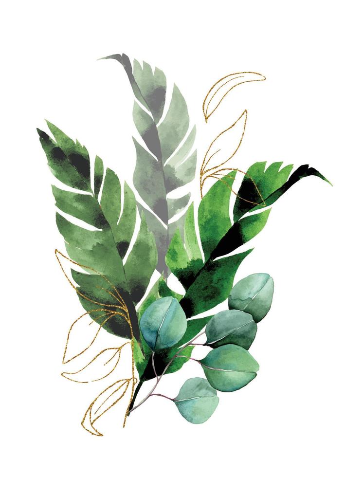 dessin à l'aquarelle. bouquet, composition de feuilles tropicales et d'éléments dorés. feuilles vertes et dorées de palmier, eucalyptus, monstera isolés sur fond blanc vecteur