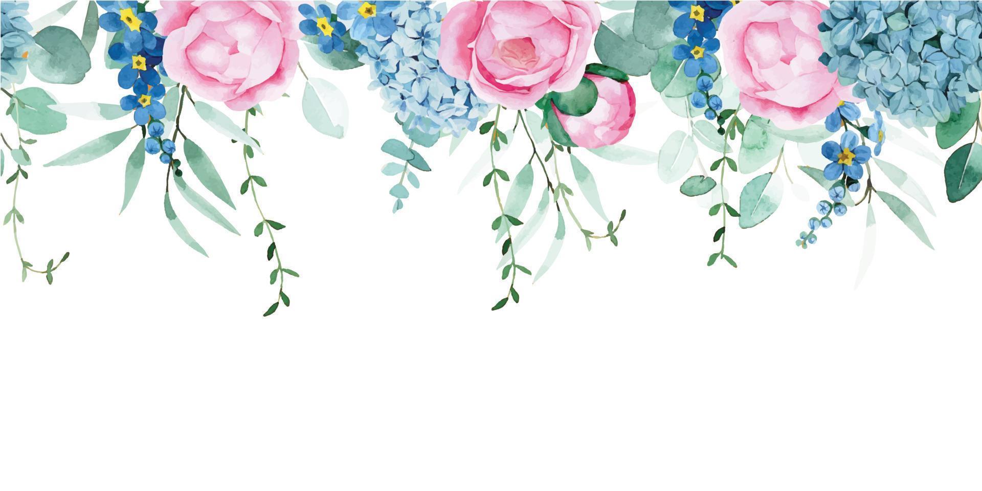 bordure transparente aquarelle, cadre avec fleurs de pivoine, hortensias et feuilles d'eucalyptus. impression délicate, avec des fleurs roses et bleues. vecteur