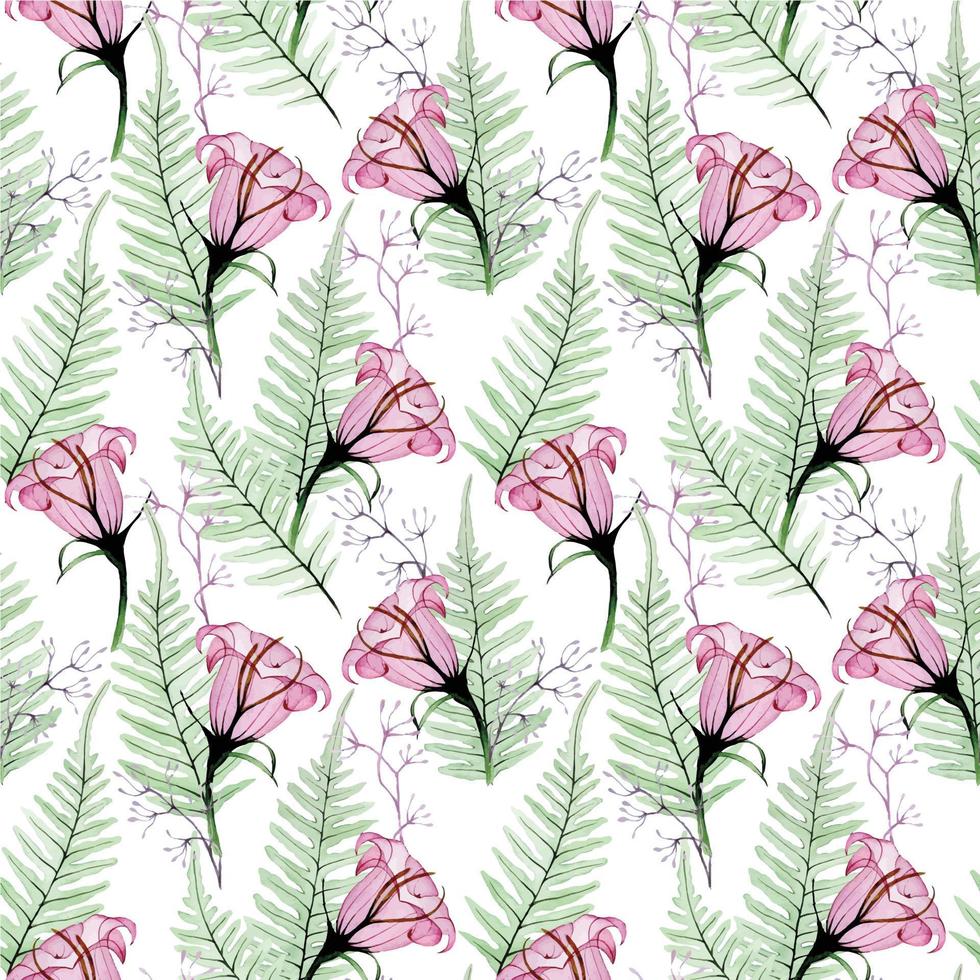 modèle aquarelle transparente avec des fleurs transparentes. fleurs tropicales roses et feuilles de fougères vertes. plantes tropicales, forêt tropicale, jungle. vecteur