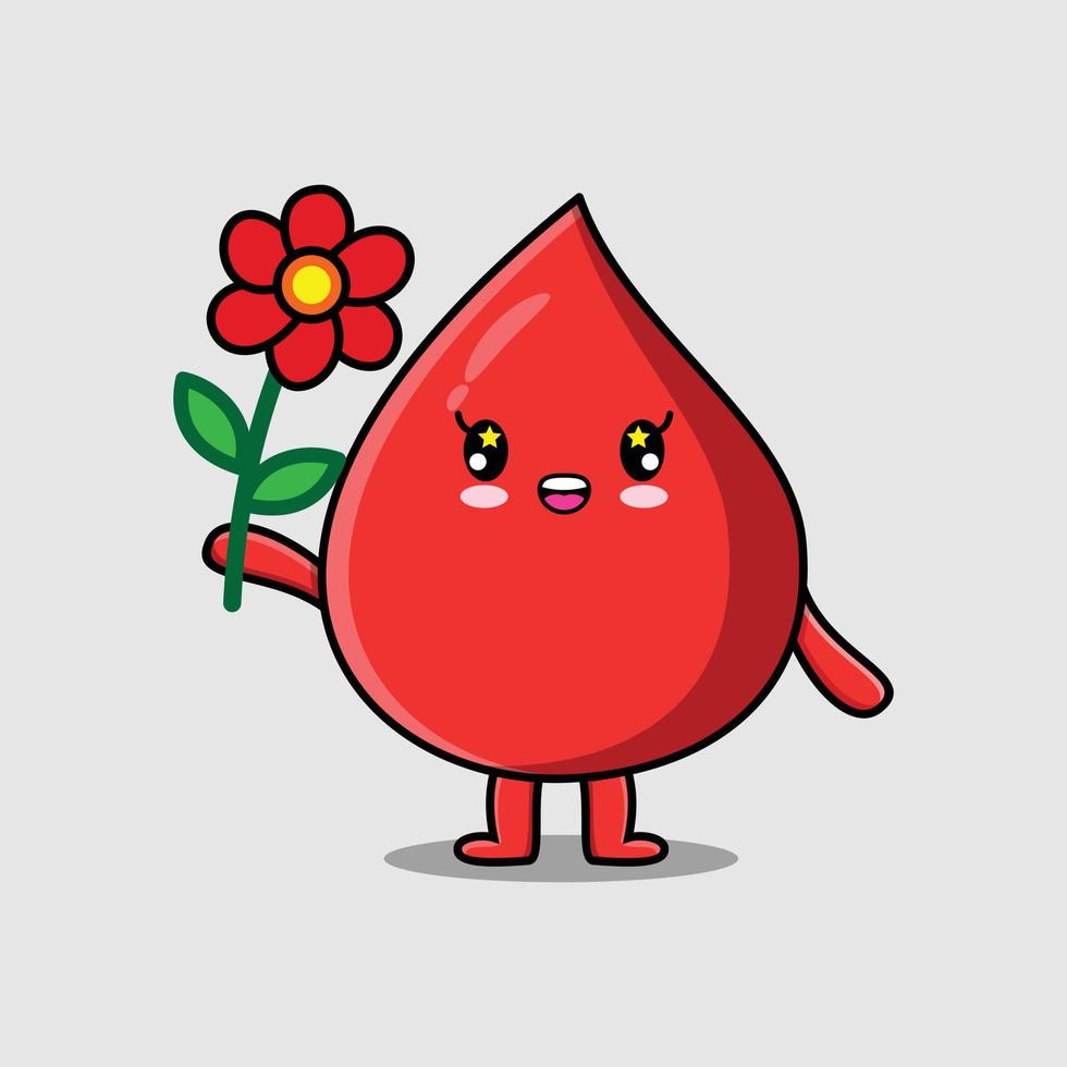 goutte de sang de dessin animé mignon tenant une fleur rouge vecteur