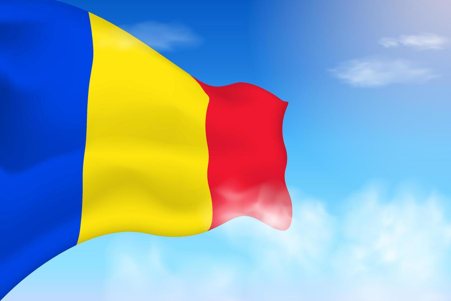 drapeau de la roumanie dans les nuages. drapeau de vecteur agitant dans le ciel. illustration de drapeau réaliste de la fête nationale. vecteur de ciel bleu.