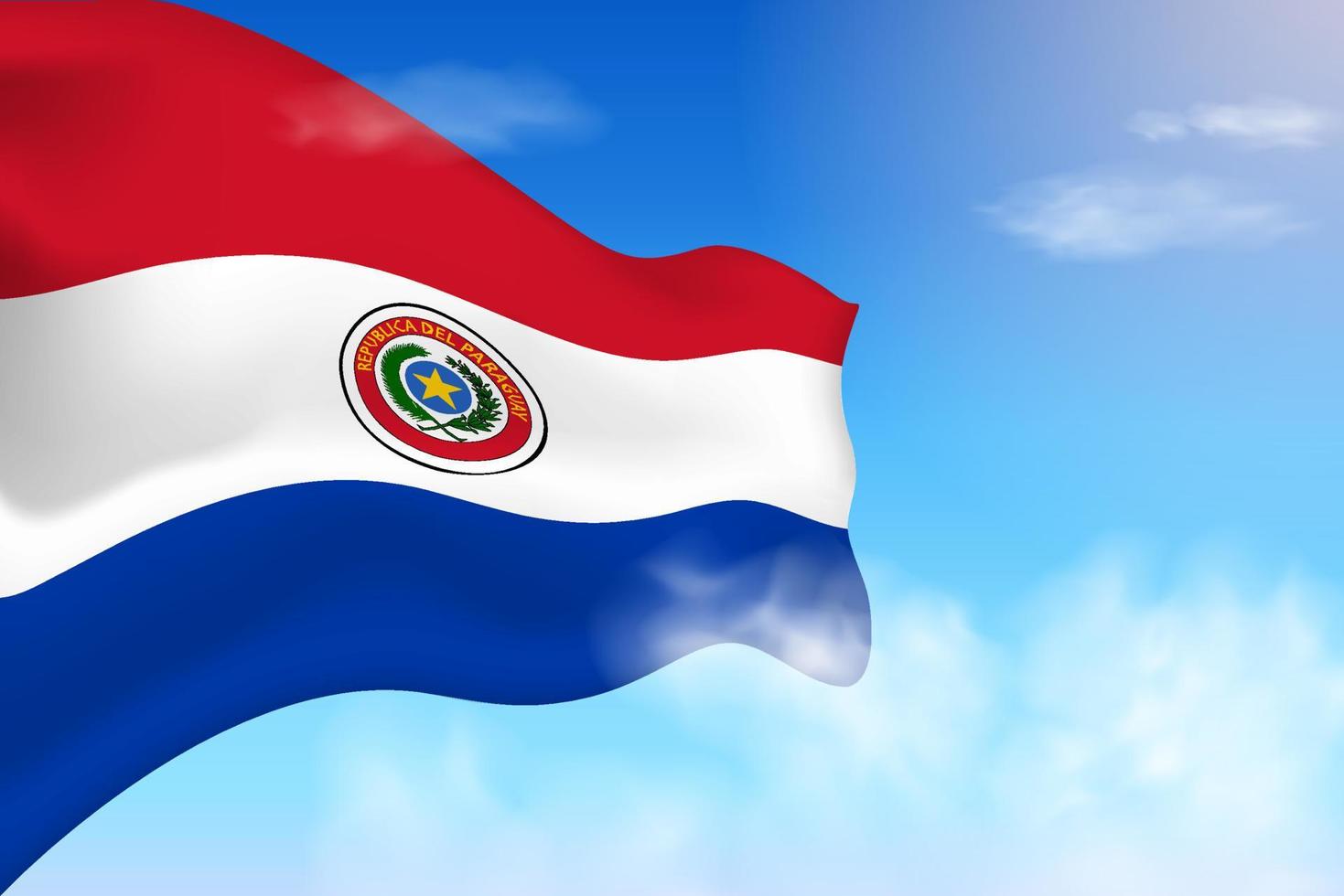drapeau paraguayen dans les nuages. drapeau de vecteur agitant dans le ciel. illustration de drapeau réaliste de la fête nationale. vecteur de ciel bleu.