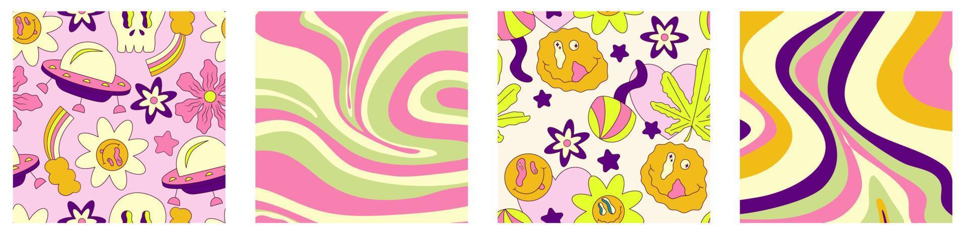 arrière-plan tendance trippant défini design psychédélique. années 2000, années 70, style hippie. illustration florale abstraite. conception d'illustration vectorielle. vague groovy psychédélique. vecteur