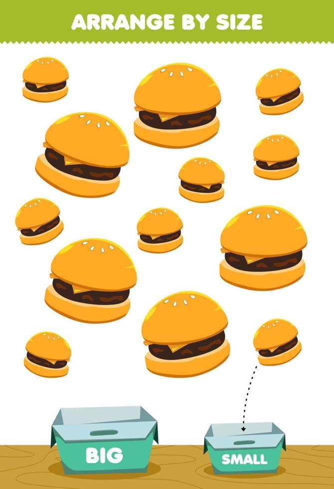 jeu éducatif pour les enfants organiser par taille grande ou petite mettez-le dans la boîte dessin animé nourriture snack burger images vecteur