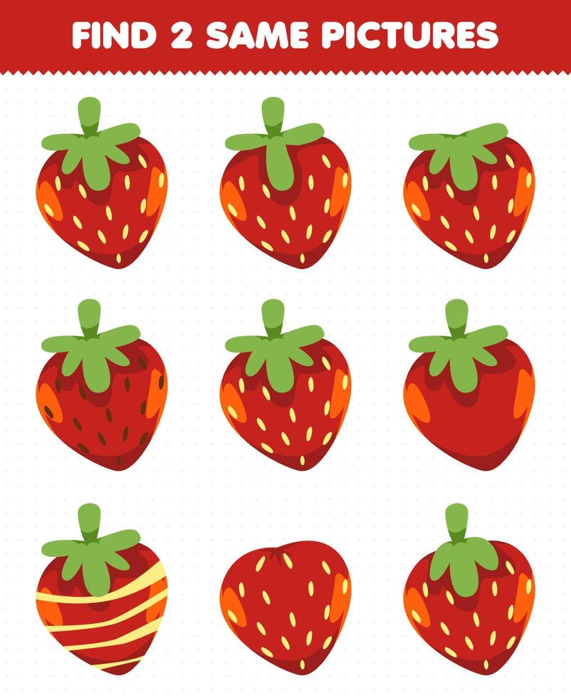 jeu éducatif pour les enfants trouver deux mêmes images fruit fraise vecteur