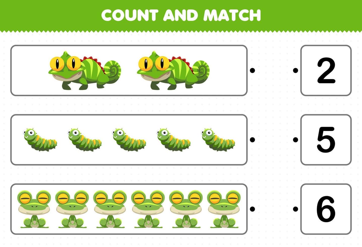 jeu éducatif pour les enfants comptez et faites correspondre comptez le nombre de dessin animé mignon animal vert iguane chenille grenouille et faites correspondre avec les bons numéros feuille de calcul imprimable vecteur