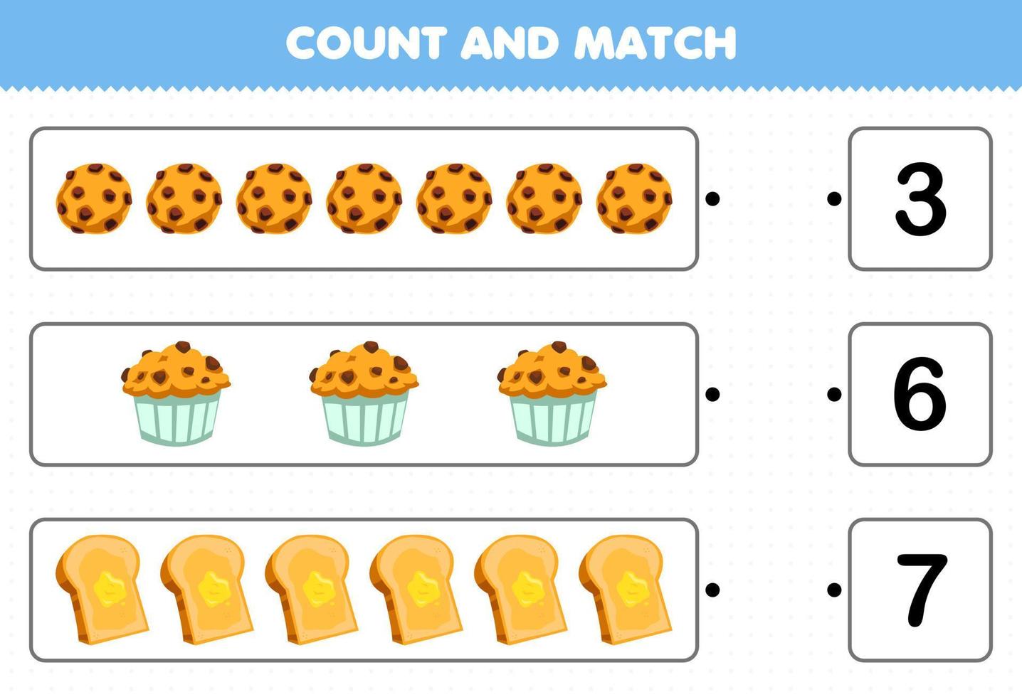 jeu éducatif pour les enfants comptez et faites correspondre comptez le nombre de toasts de muffins aux biscuits de dessin animé et faites correspondre avec les bons numéros feuille de calcul imprimable vecteur