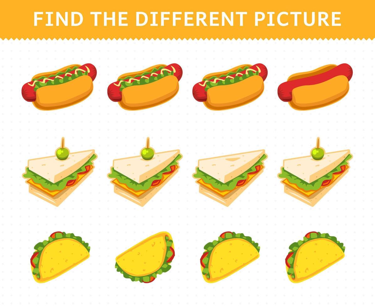 jeu éducatif pour les enfants trouver l'image différente dans chaque rangée aliments hot dog sandwich taco vecteur