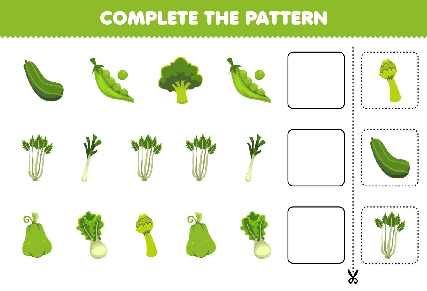 jeu éducatif pour les enfants compléter le modèle pensée logique trouver la régularité et continuer la tâche de rangée avec des légumes verts de dessin animé vecteur