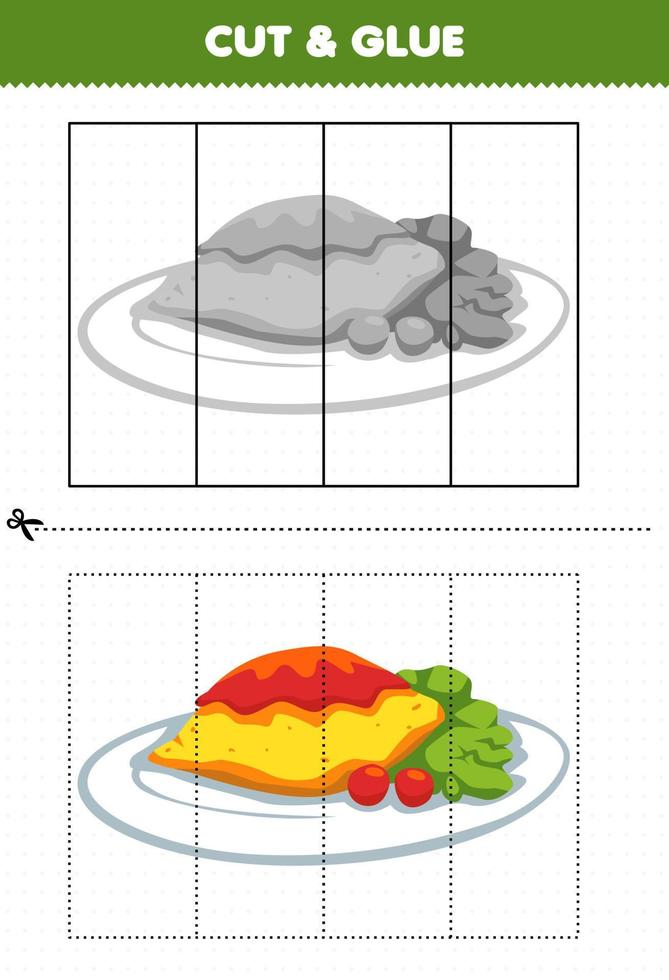 jeu éducatif pour les enfants couper et coller avec une omelette de dessin animé vecteur