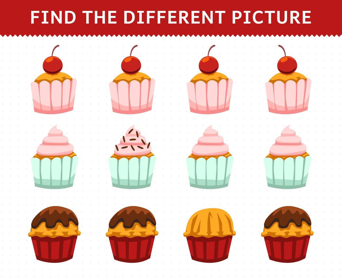 jeu éducatif pour les enfants trouver l'image différente dans chaque rangée aliments cupcake vecteur