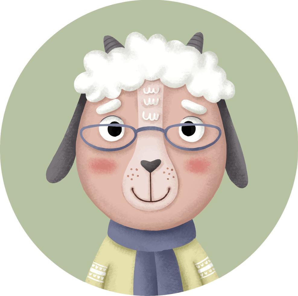 jolie icône ronde avec une chèvre de dessin animé dans des verres vecteur