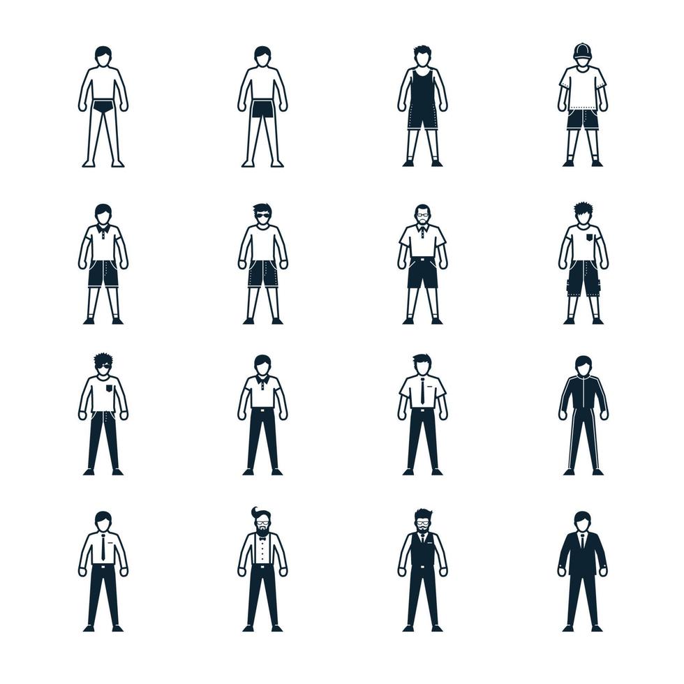 icônes de personnes, homme, mode et vêtements avec fond blanc vecteur