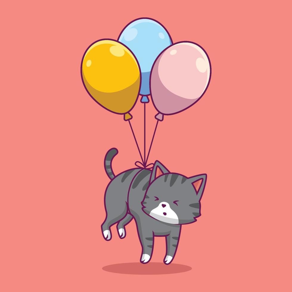 chat mignon flottant avec illustration de dessin animé de ballon vecteur