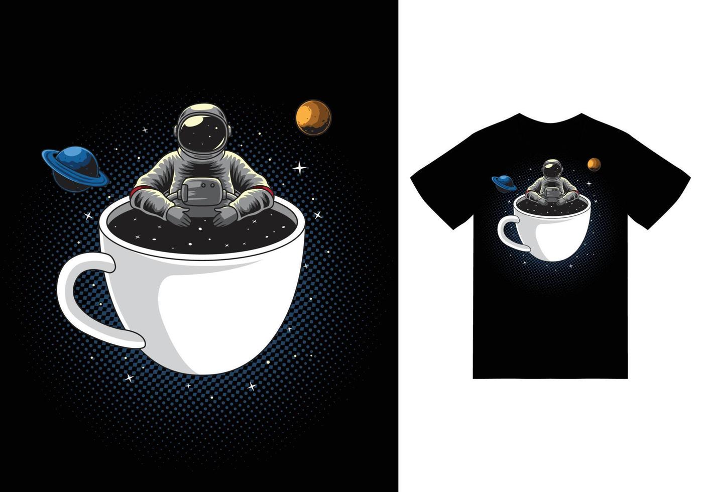 astronaute à l'intérieur d'une tasse de café illustration avec tshirt design vecteur premium