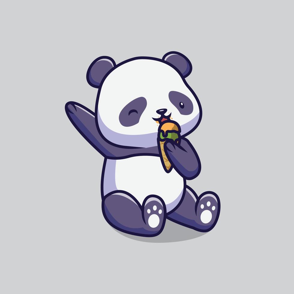 panda mignon mangeant une illustration de dessin animé de crème glacée vecteur