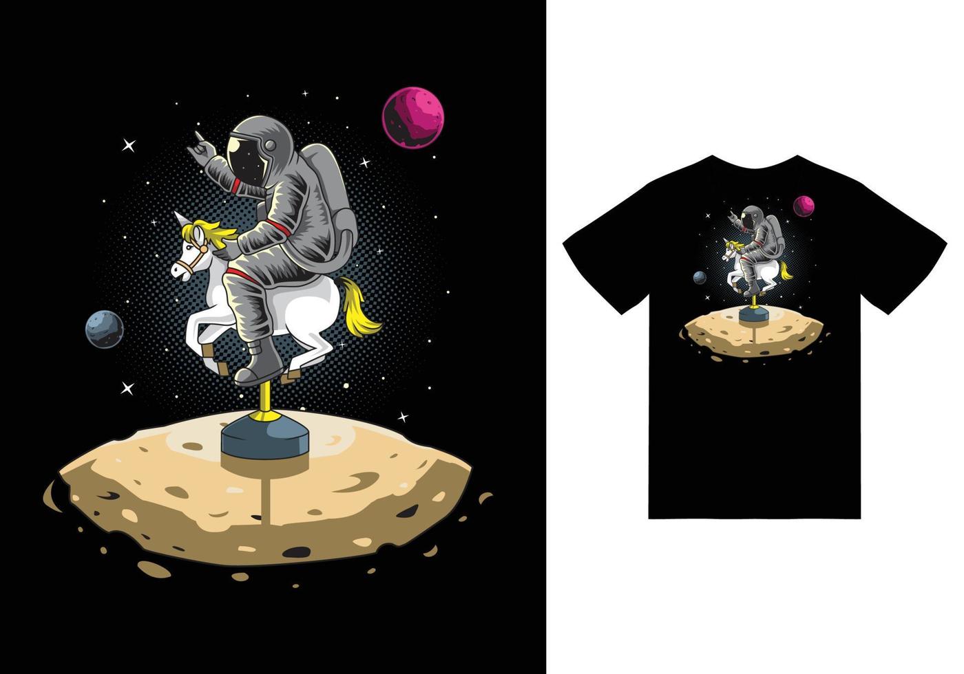 astronaute jouant illustration de jouet de cheval avec vecteur premium de conception de tshirt