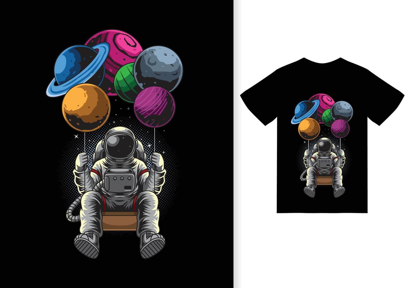 illustration de dessin animé de planètes balançant astronaute avec vecteur premium de conception de tshirt
