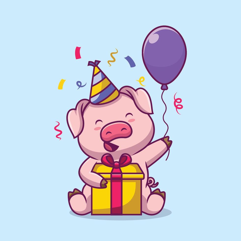 illustration de dessin animé de fête d'anniversaire de cochon mignon vecteur