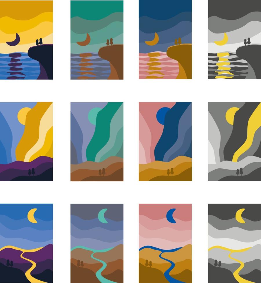 fond coloré de paysage abstrait. montagne, mer, rivière, aurore boréale art affiche ensemble d'illustration vectorielle vecteur