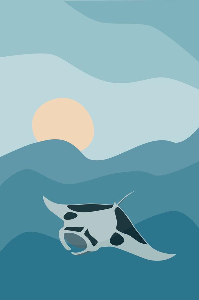 grande manta sur fond de mer abstrait. illustration vectorielle simple dessinés à la main. bannière sous-marine, affiche, carte vecteur