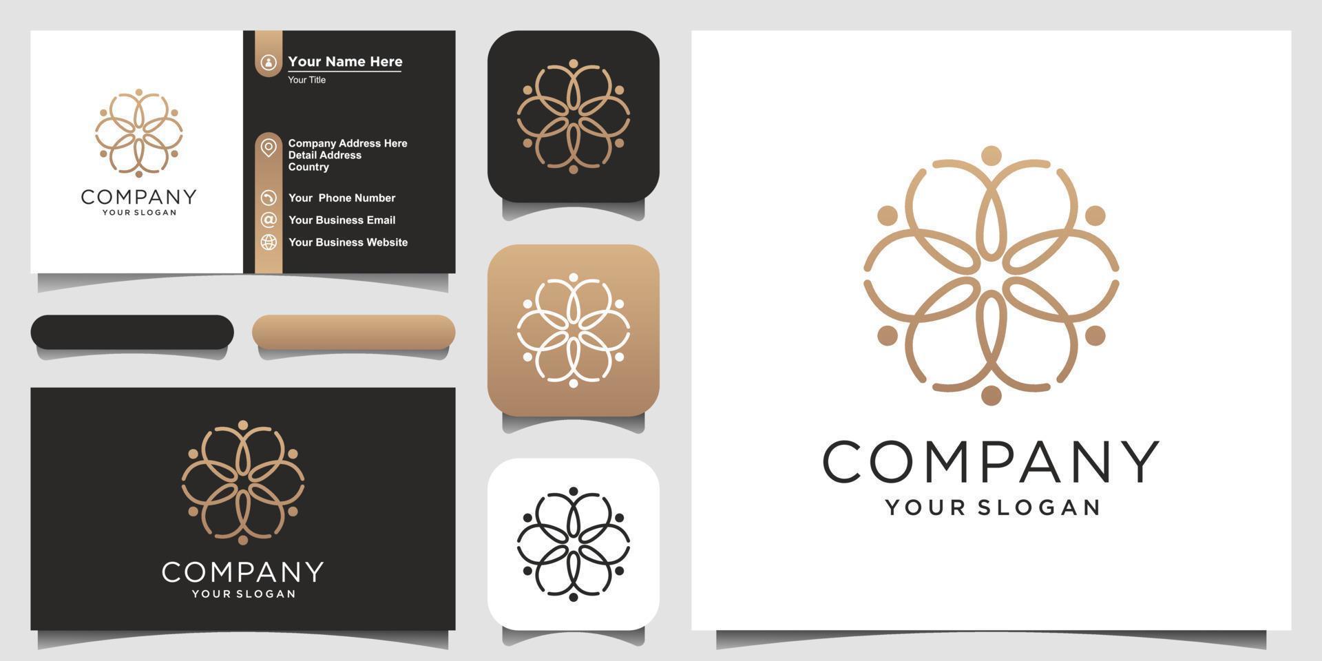 humain combine fleur avec style d'art en ligne, logo et conception de carte de visite. vecteur