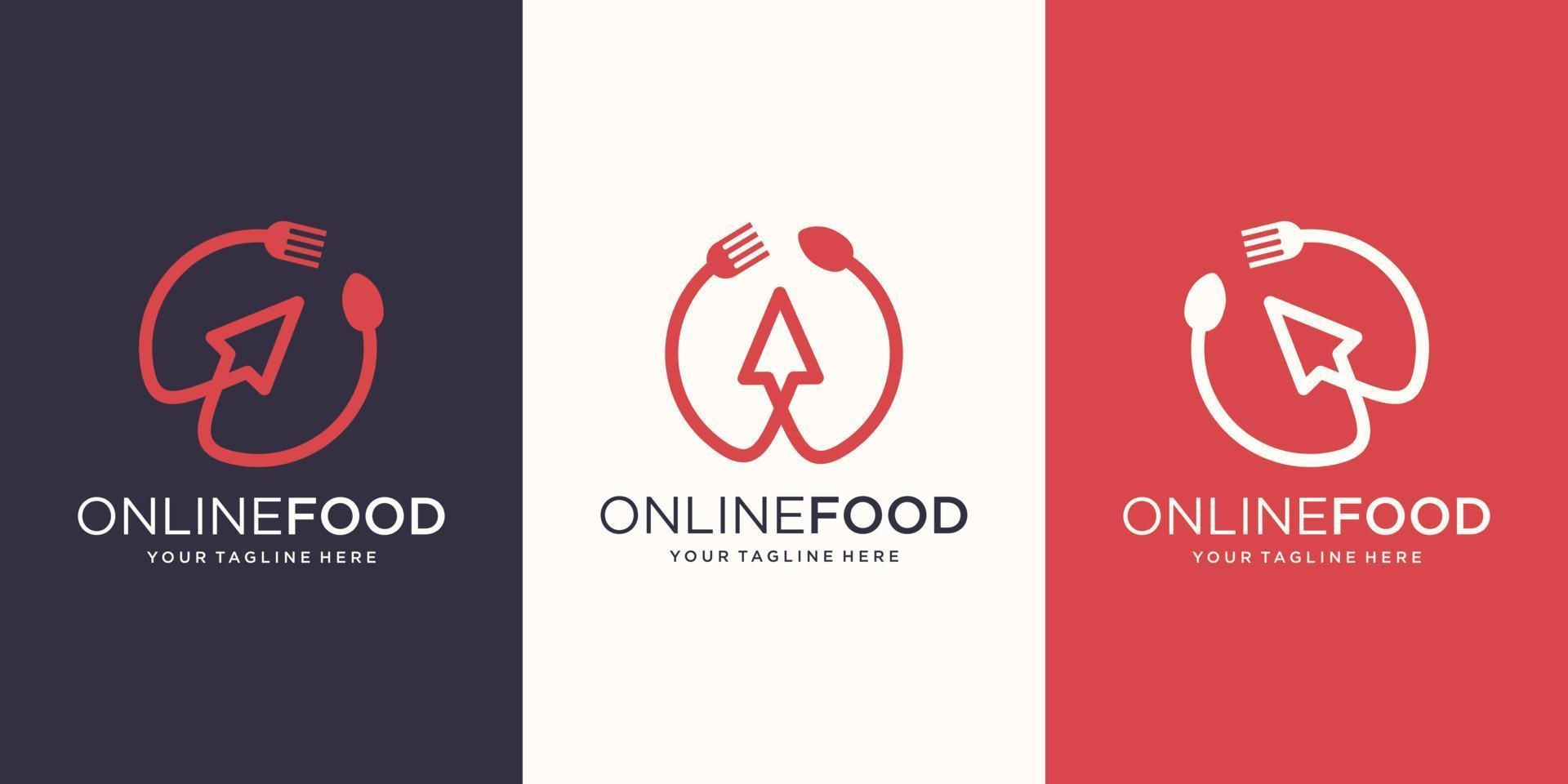 modèle de conceptions de logo en ligne alimentaire. cuillère et fourchette de symbole combinées avec la flèche du curseur. vecteur