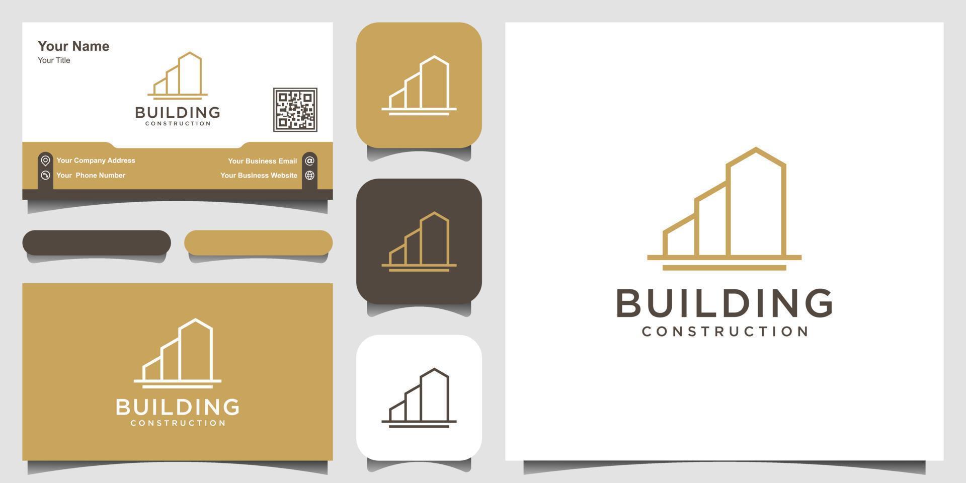 bâtiment avec logo de style art en ligne et conception de carte de visite. résumé de la construction de la ville pour l'inspiration de conception de logo. vecteur