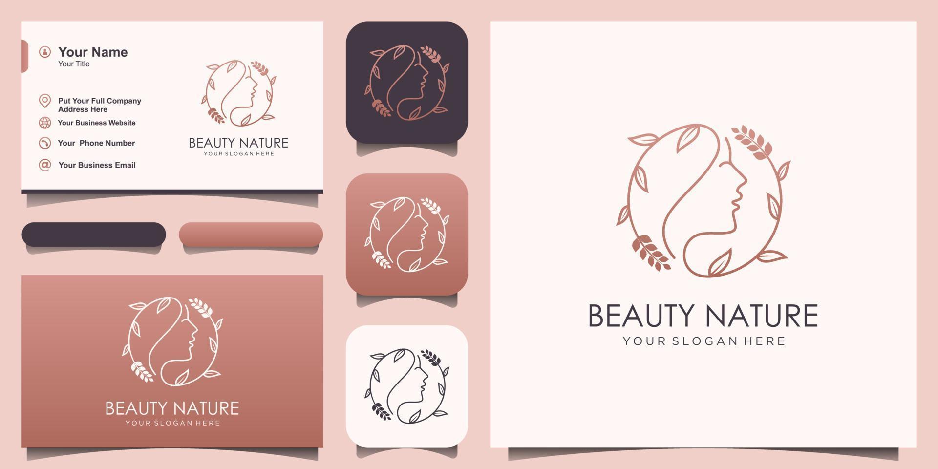 fleur de visage de belle femme minimaliste avec logo de style d'art de ligne de cercle et conception de carte de visite. concept de design abstrait pour salon de beauté, massage, magazine, cosmétique et spa. vecteur