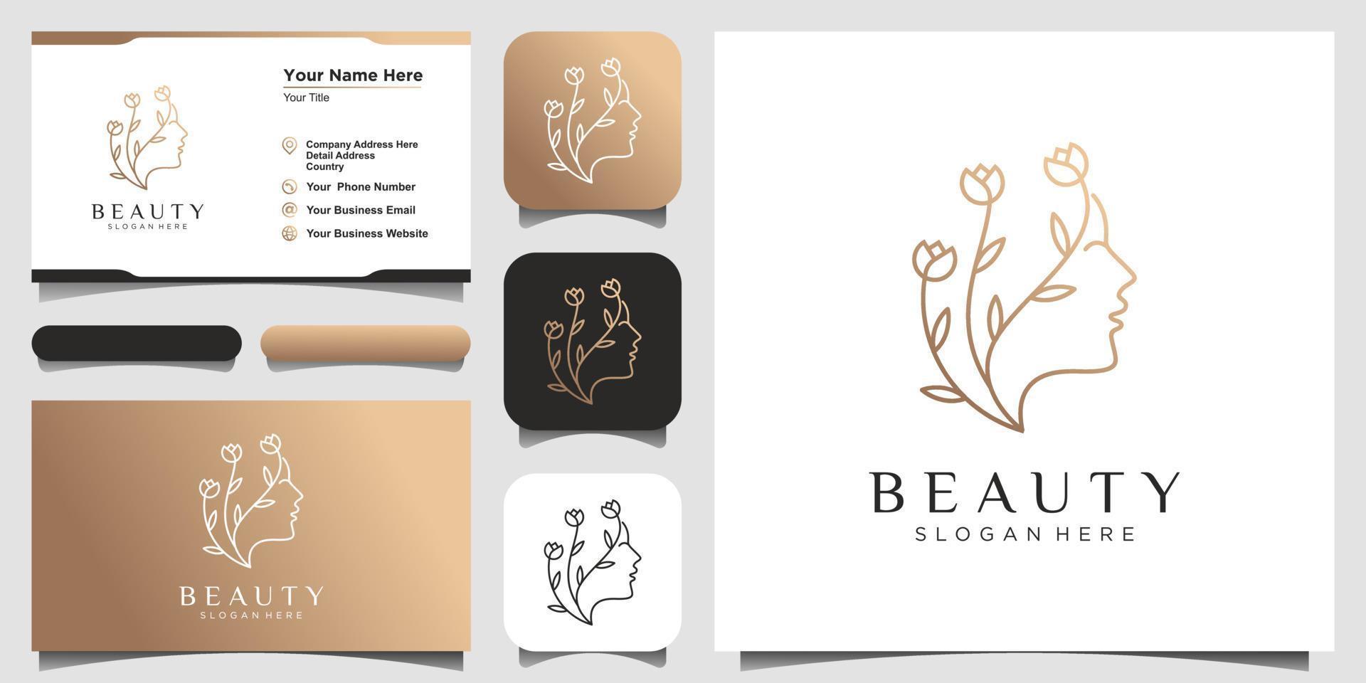 le visage de la femme se combine avec une fleur, un ensemble de conception de logo et de carte de visite. concept de design abstrait pour salon de beauté, mode, massage, magazine, cosmétique et spa. vecteur