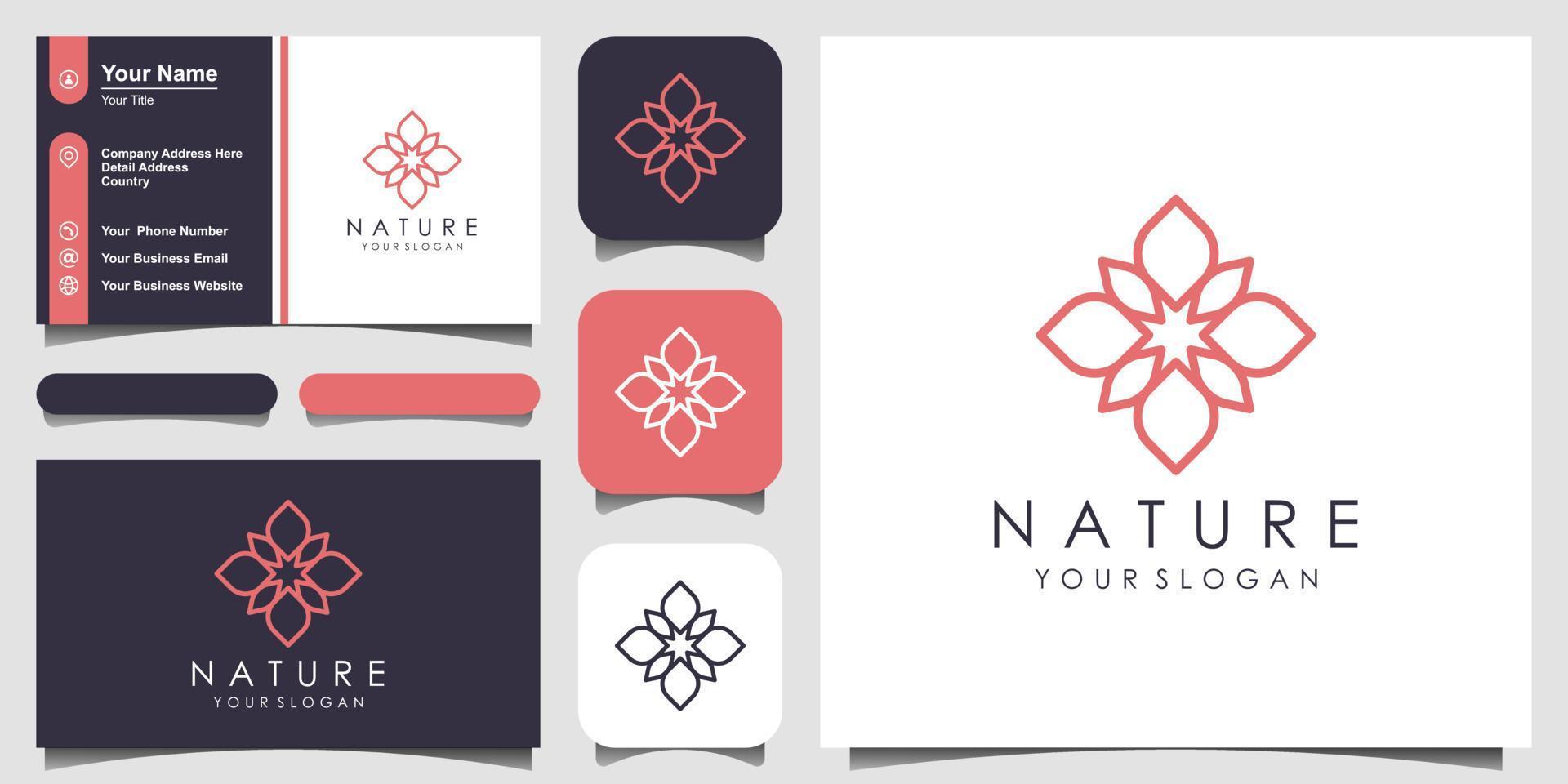 rose florale élégante minimaliste avec logo de style art en ligne et conception de carte de visite. logo pour la beauté, les cosmétiques, le yoga et le spa. vecteur
