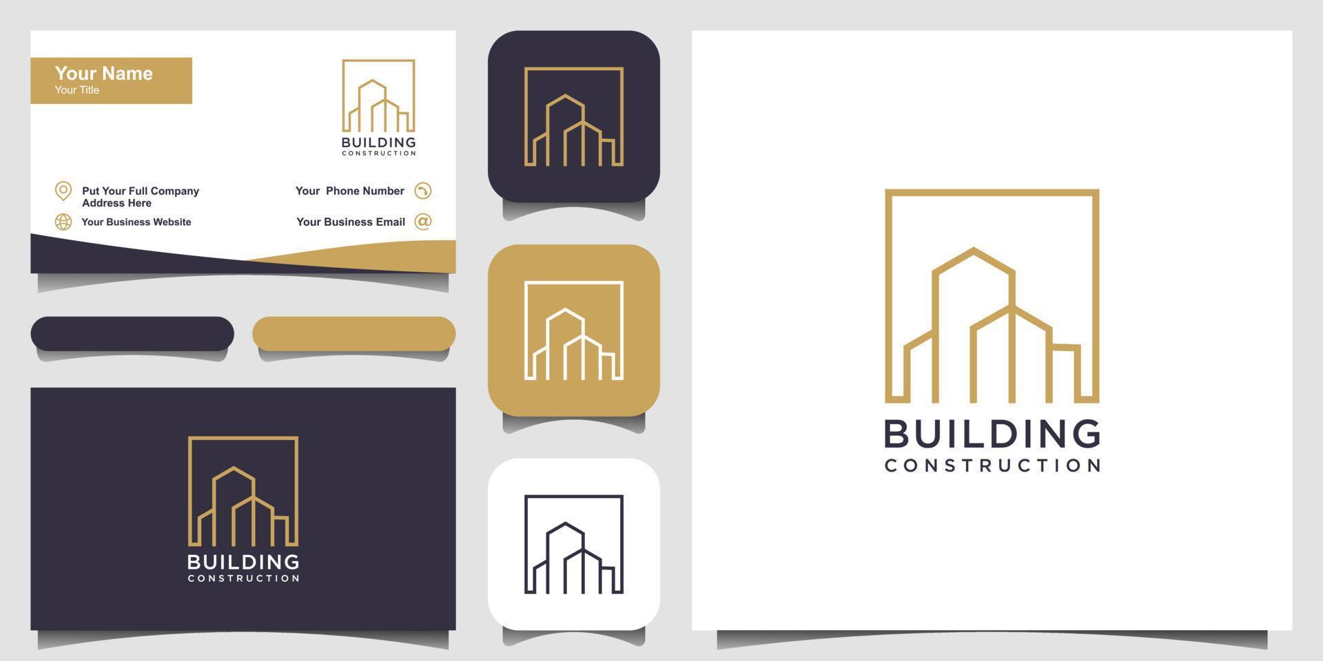 création de logo immobilier avec style d'art en ligne. résumé de la construction de la ville pour l'inspiration de conception de logo et la conception de cartes de visite vecteur