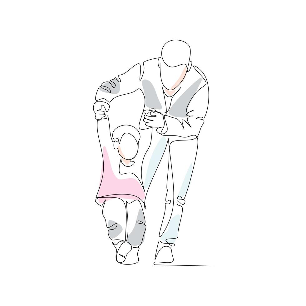 illustration vectorielle d'un père qui enseigne à un enfant à marcher dessiné dans un style d'art en ligne vecteur