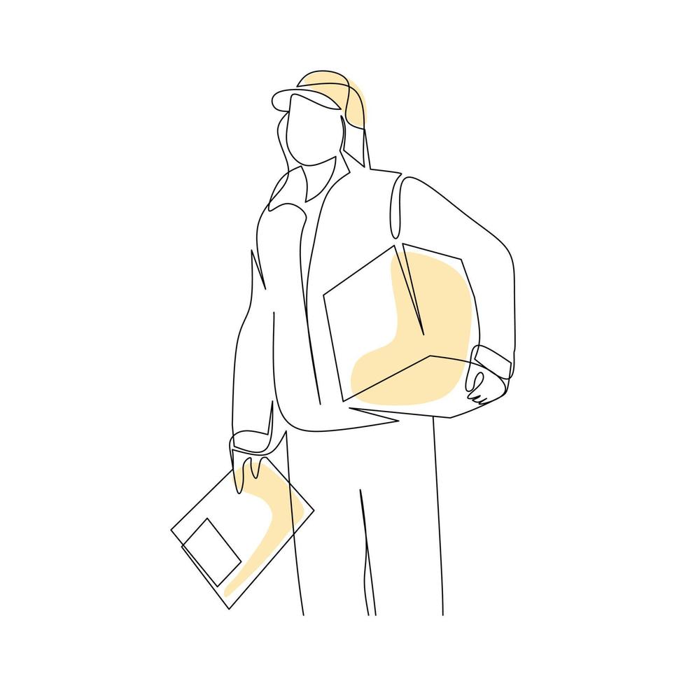 illustration vectorielle d'un livreur tenant une boîte dessinée à la main dans un style d'art en ligne vecteur