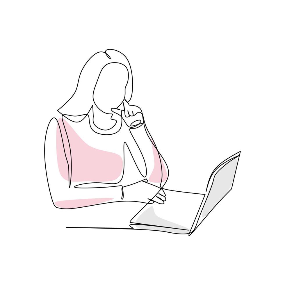 illustration vectorielle d'une femme travaillant sur un ordinateur dessinée dans un style d'art en ligne vecteur