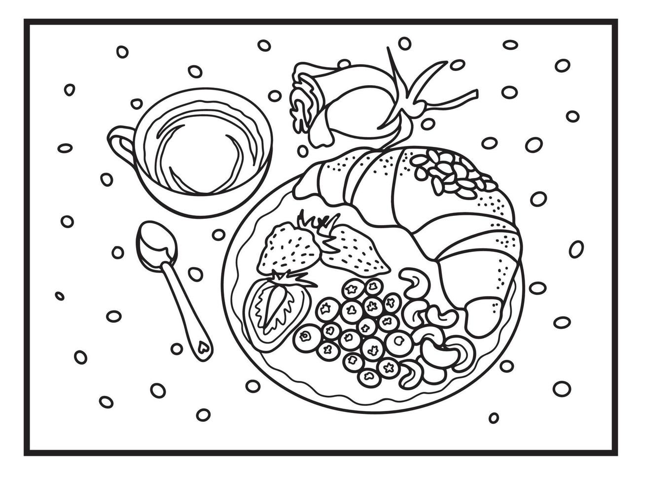 illustration pour les pages du livre à colorier. café du petit-déjeuner avec croissant, noix et myrtilles, dans une atmosphère chaleureuse. vecteur