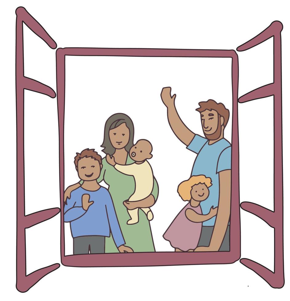 illustration vectorielle d'une famille heureuse, papa maman avec trois enfants, vecteur complet de famille prospère