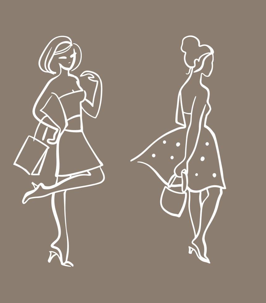 croquis linéaire de figurines de filles, filles d'illustration de mode silhouettes vectorielles d'une femme vecteur