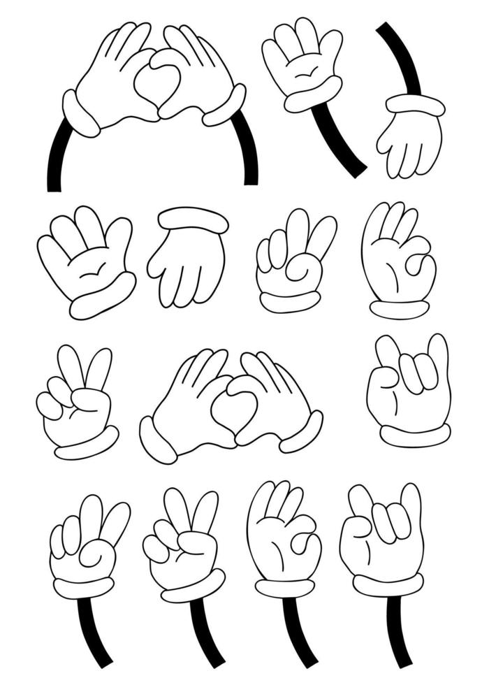 collection de mains dans des gants, différents gestes - coeur, ok, bonjour, deux doigts. illustration vectorielle. doodle linéaire dessiné à la main. élément de contour comique pour la conception et la décoration, impression. vecteur