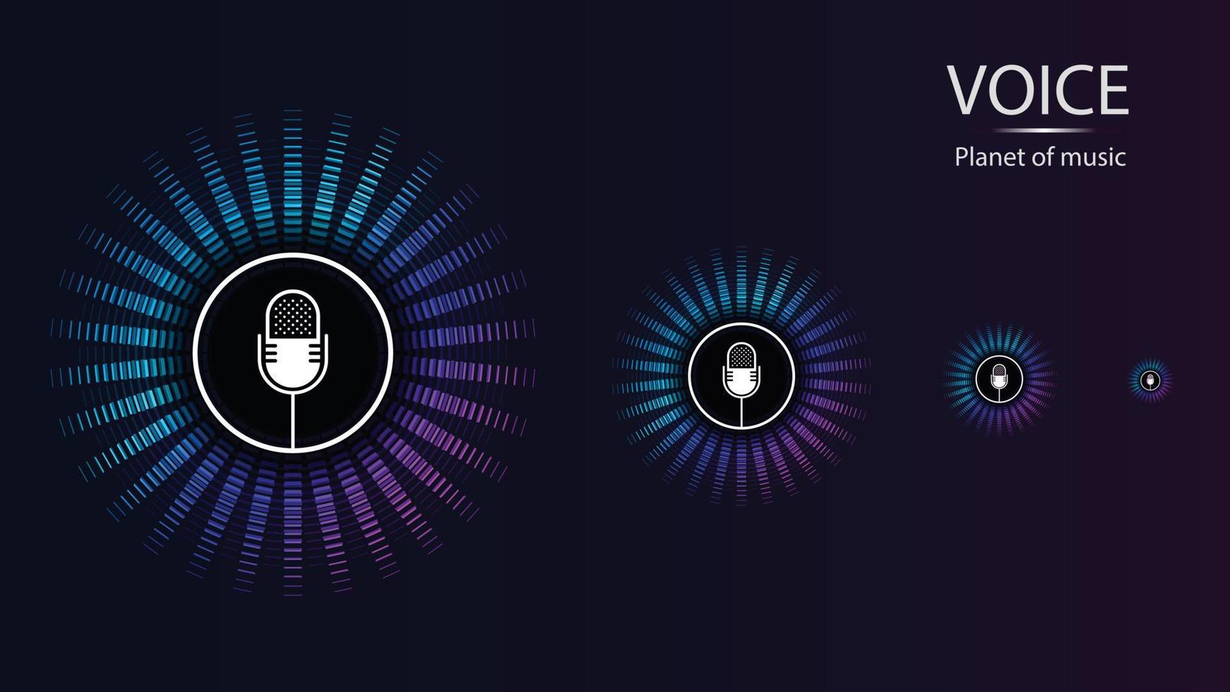 le symbole musical de l'égaliseur circulaire. fond abstrait de reconnaissance vocale. microphone d'icône au centre de la planète musicale. illustration vectorielle. vecteur