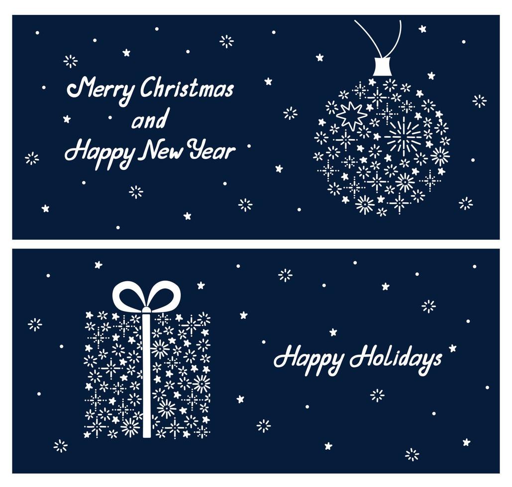 cartes de voeux de nouvel an avec des silhouettes de cadeau et de boule de noël. flocons de neige et formes d'étoiles fond de doodle dessiné à la main. modèle de bannière d'hiver pour le web et l'impression vecteur