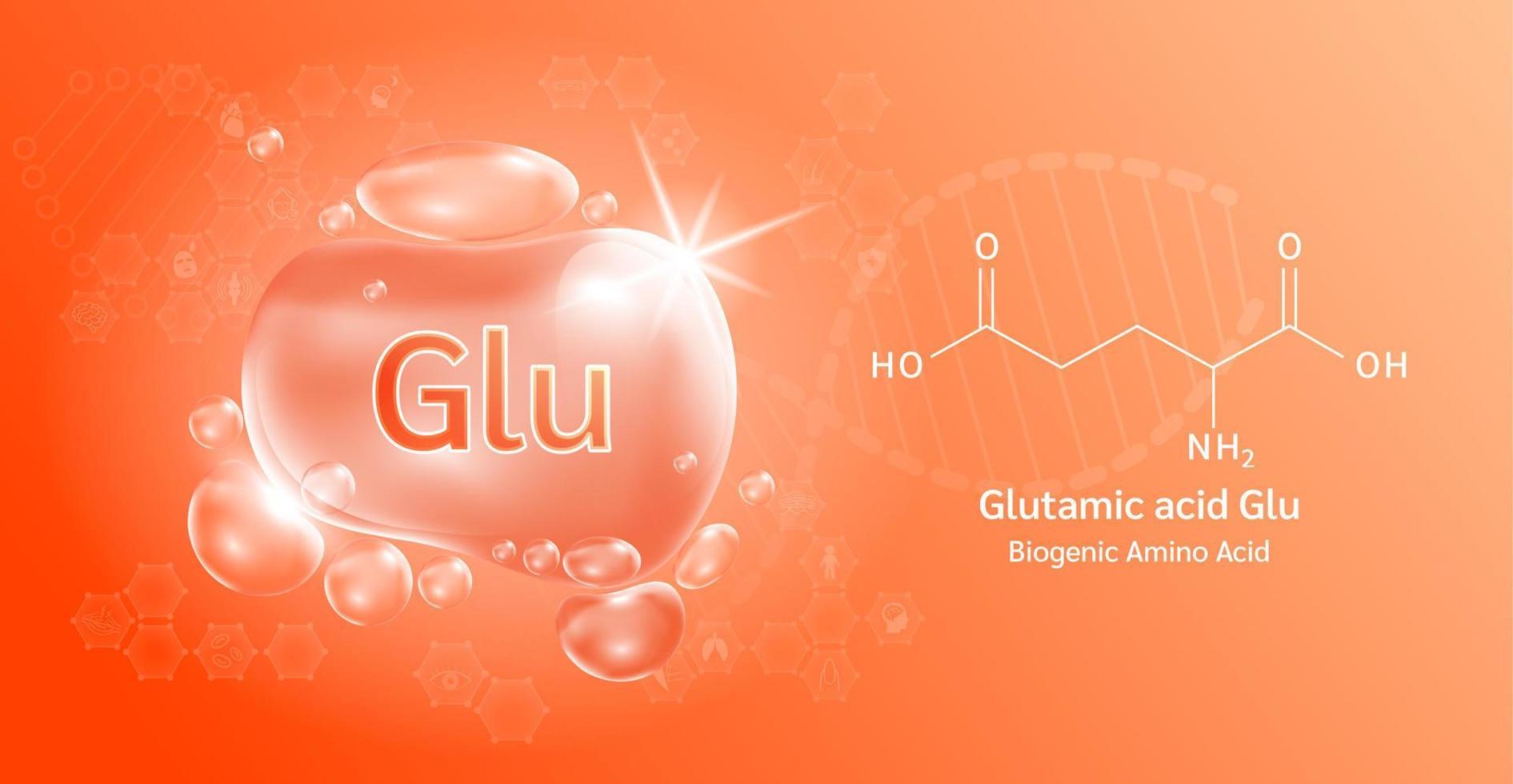 goutte d'eau important acide aminé acide glutamique glu et formule chimique structurelle. acide glutamique sur fond orange. notions médicales et scientifiques. illustration vectorielle 3D. vecteur