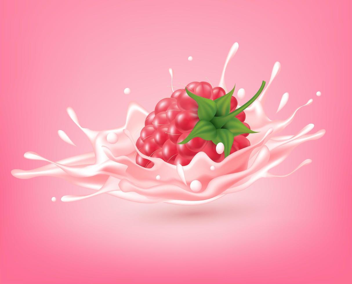 lait rose sucré à la framboise avec baies et éclaboussures réalistes, fruits et yaourt. illustration vectorielle 3d. vecteur